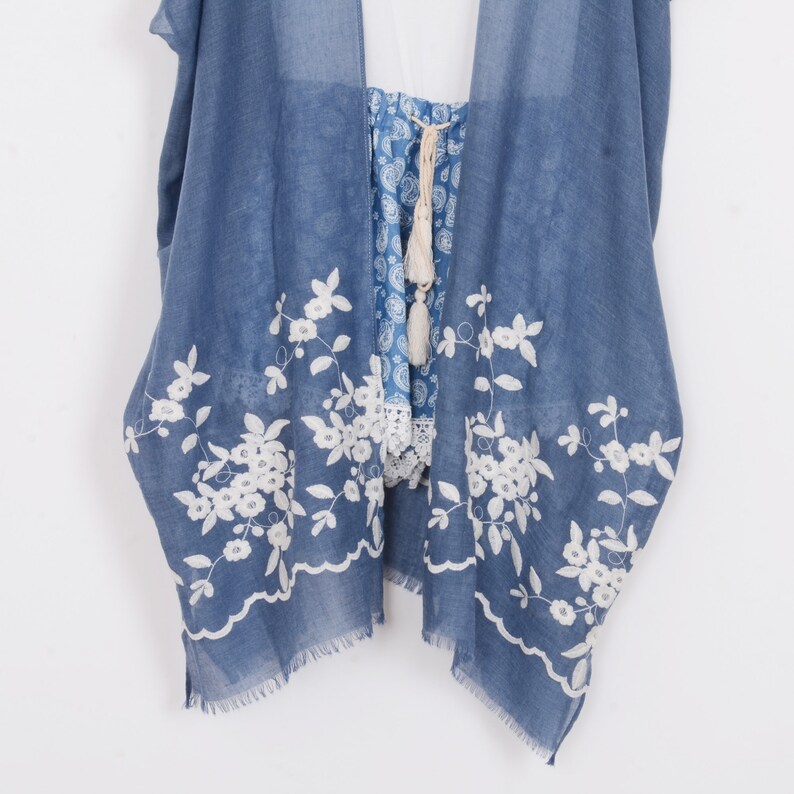 denim blue embroidery kimono,cardigan,tassel kimono,kimono,beach kimono,cover up,dress kimono,bikini cover up,378# long boho kimono
