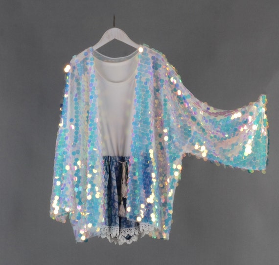 Sequin Festival Kimono: White Mermaid Rave Duster