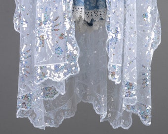 売約済　二股かんざし〈菊large・sepia×White〉 White Sequins Starry Sheer Kimono, White Sequin Kimono