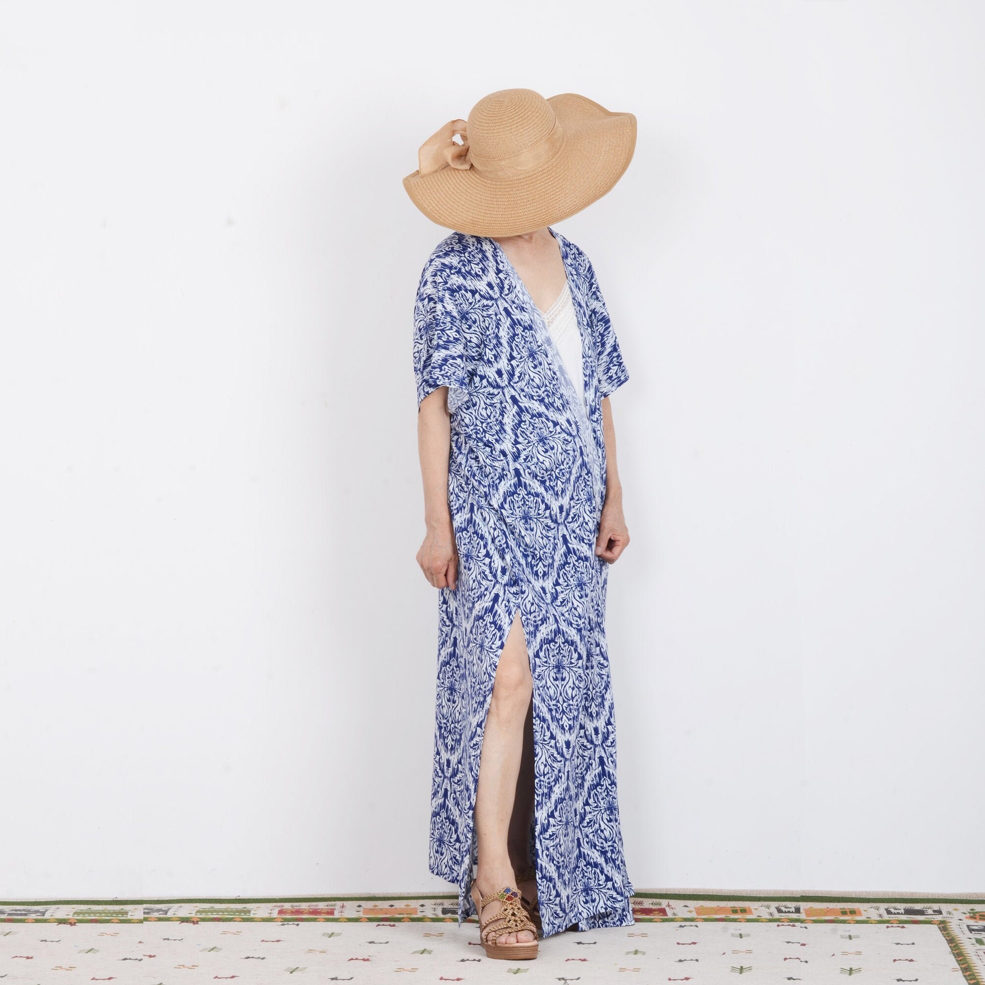 Unisex Cotton Kimono - White and Blue Maze main image 1