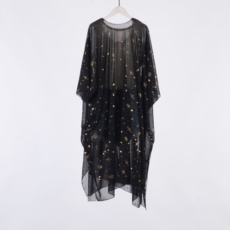 long kimono,black with gold starry kimono cardigan, beach kimono,kimono boho,chiffon cover up,kimonos,cover up,dress kimono image 6