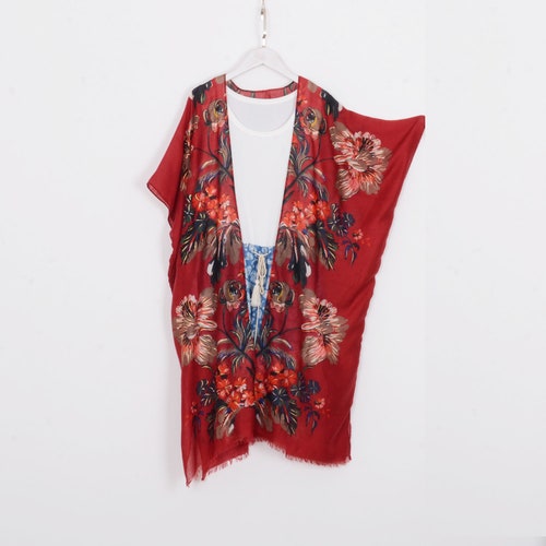 long bohemian kimono,red gold flowers kimono,kimono dress,kimono cardigan,long beach kimono,tassel kimono,shrug,beach boho dress,308#
