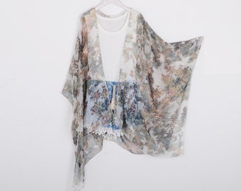 Vintage Grapes Chiffon Kimono Cardigan: Boho Beach Cover-Up