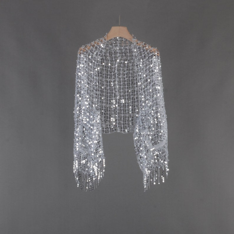 silver mesh sequins shrug,shrug with tassels,wedding shrug,sliver lace,loose fit,sequins bolero,shawl,party wrap,sequin cover up image 1