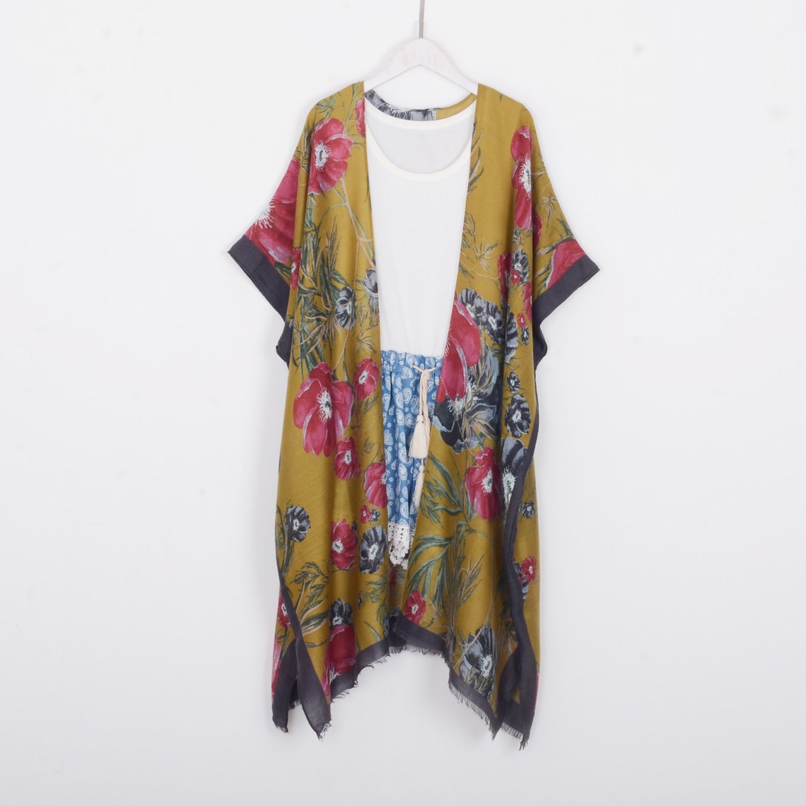 Long Bohemian Kimono Ginger With Red Flowers - Etsy