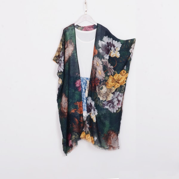 Long cardigan kimono bohème, style peinture à l'huile vert foncé avec fleurs jaunes, 336#