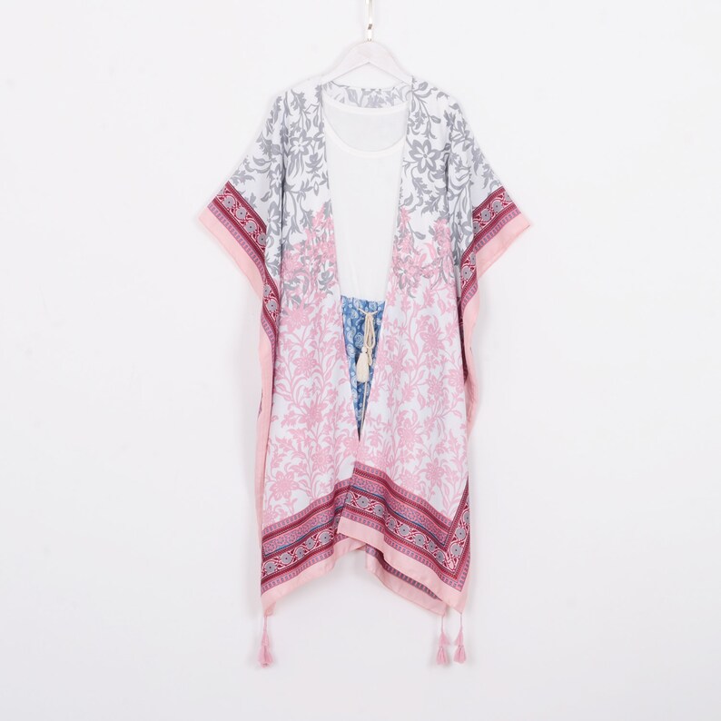 pink gray bohemian kimono,cardigan,boho kimono,beach kimono,shrug,cover up,dress kimono,beach cover up,kimono cardigan tassel long kimono