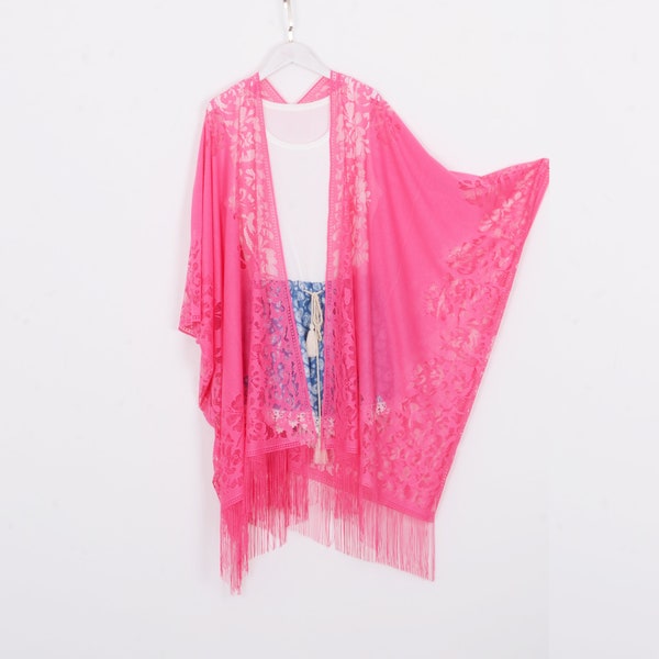 long bohemian kimono, rose pink lace kimono,cardigan,boho kimono,beach kimono,cover up,dress kimono,tassle kimono,fringe kimono cardigan