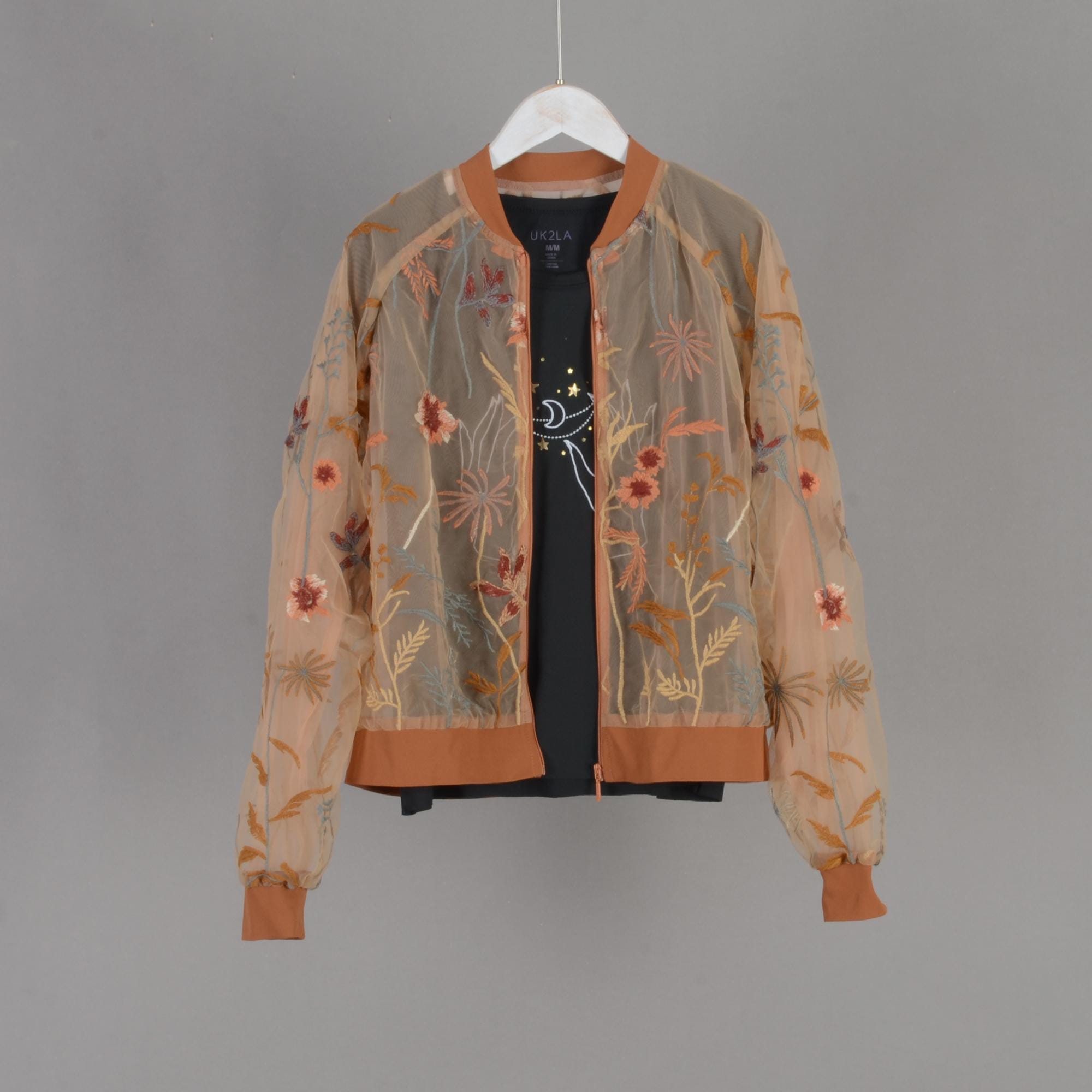 Vintage Orange Embroidery Tulle Jacket: Sheer Sequin Bomber