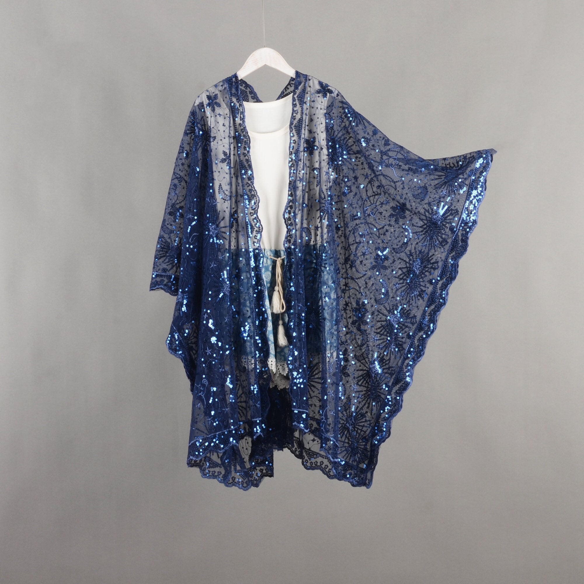 Starry Navy Sheer Kimono With Sequins, Navy Sequin Kimono,cocktail
