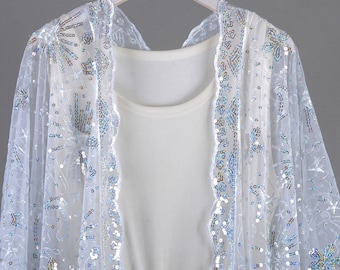 White Sequins Starry Sheer Kimono, White Sequin Kimono