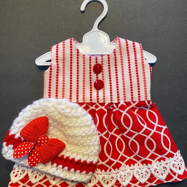 Dress to fit most 18" dolls in Red Print with Crocheted hat.