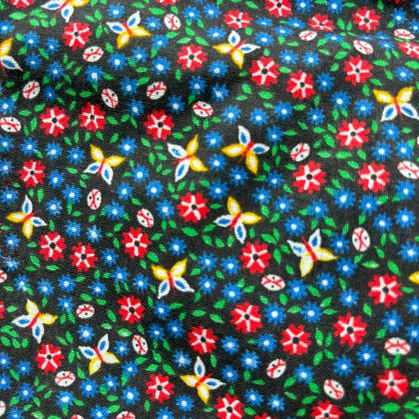 Vintage cotton quilting fabric blue red flowers yellow butterflies black background for quilting, doll clothes, apron 9.5" by 3 yards