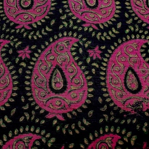 Paisley! Vintage silk fabric magenta on dark navy crepe: jacket, skirt, pillow or chair covers price 1/2 yard