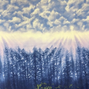 May include: A fabric design featuring a forest scene under a cloudy sky. The upper portion shows a blue sky with white clouds. Below, tall blue trees stand in a misty atmosphere, with green foliage at the bottom.