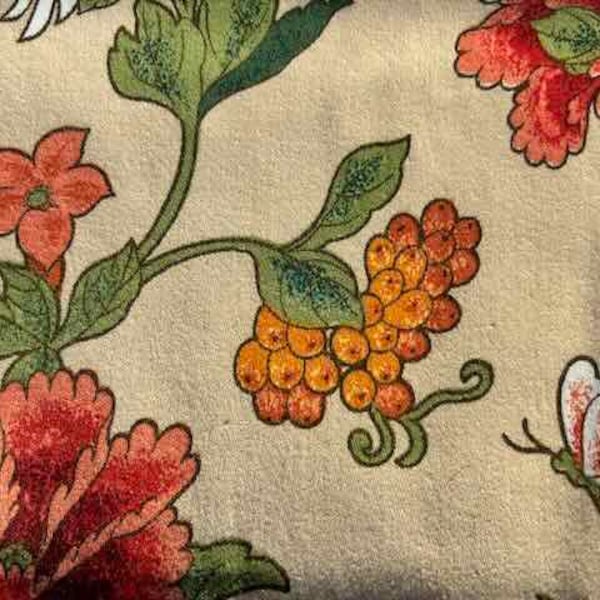 Vintage 1979 cotton home decor fabric red orange flowers and butterfly on cream/light yellow upholstery pillow chair cover curtains cushion