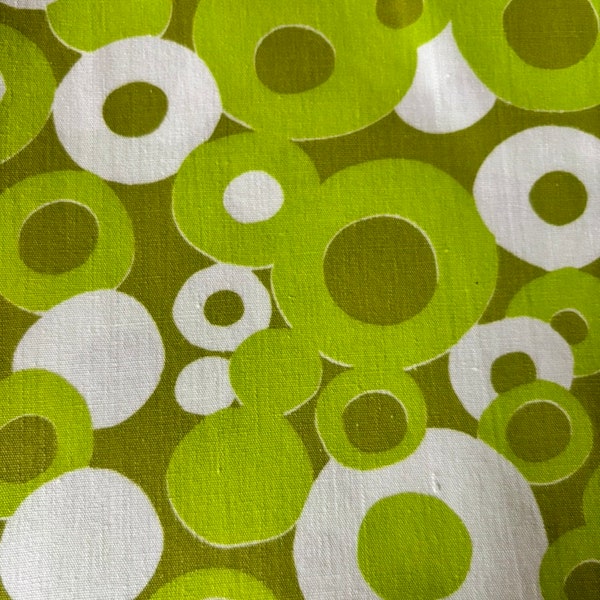 Mid century 60s vintage cotton circles fabric mod op art chartreuse green home decor, pillow cover shirt, skirt bell bottoms price half yard