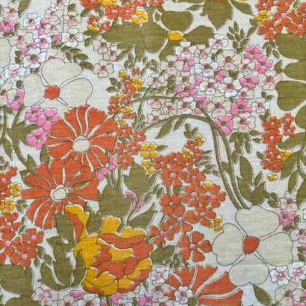 1.5 yds 70s Vintage cotton knit flower power T-shirt weight orange gold light olive flowers leaves for summer fun dress, wrap skirt, pillow