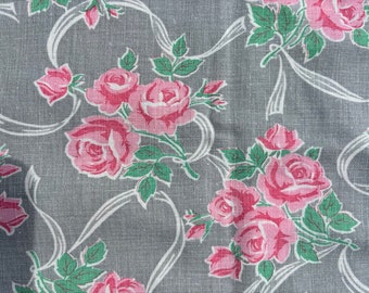 Feedsack 40s pillow cover country home cotton  floral pink roses on light gray background 19.75 by 17.25 could use for quilting pieces