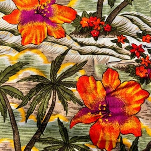 Vintage rayon challis Hawaiian tropical palm orange green drape: Hawaiian shirt, wrap, curtains, pillow, wrap, caftan, price half yard