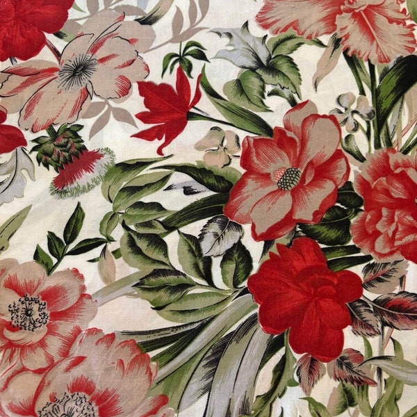 Vintage rayon challis flower power floral red, greens, taupe, soft: curtains, pillow, wrap, Easter dress, caftan, skirt, viscose