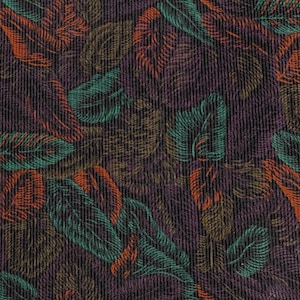 May include: A dark purple fabric featuring a repeating pattern of embroidered leaves in shades of teal, burnt orange, and olive green. The material has a distinct vertical ribbed texture throughout, with the leaf designs stitched in a linear style.
