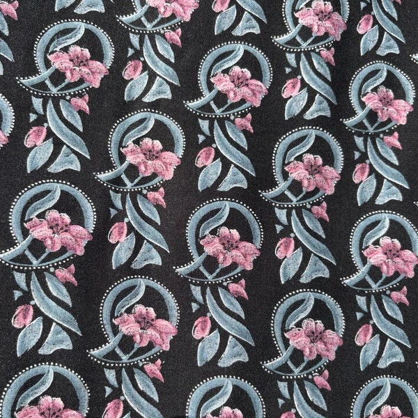 Vintage rayon challis viscose, soft, pink and teal flowers on black, curtains, pillow, top, skirt, dress, doll clothes