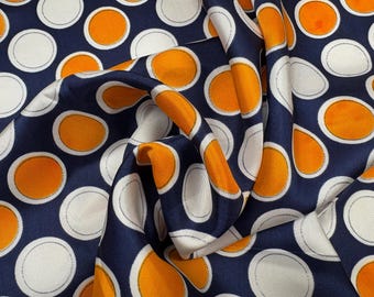 Tela de rayón acetato vintage de los años 70, sedosa y drapeada, con lunares azul marino y naranja, círculos, forro para bufanda, disfraz, precio superior, media yarda