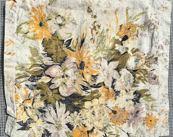 Housse de coussin en tissu d'écorce des années 50, coton, lin du milieu du siècle, beige floral orange violet olive 18,5 par 18,5