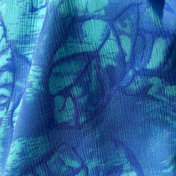 Hawaiian Vintage crinkle rayon challis viscose, tropical blue, soft,  curtains, pillow, summer dress, blouse, caftan, skirt PRICE HALF YARD