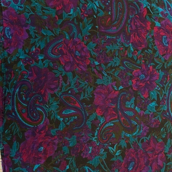 1.2 yd vintage rayon challis viscose, soft, very dark gorgeous magenta dark teal floral paisley, pillow, top, skirt