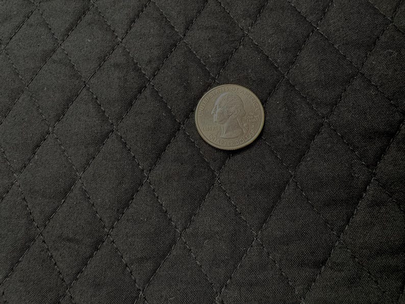 K&ouml;nnte beinhalten: Eine Vierteldollarm&uuml;nze liegt auf einem schwarzen, gesteppten Stoff. Der Stoff hat ein Rautenmuster, das durch gen&auml;hte Linien erzeugt wird. Die M&uuml;nze ist silberfarben und zeigt das Profil einer Person.
