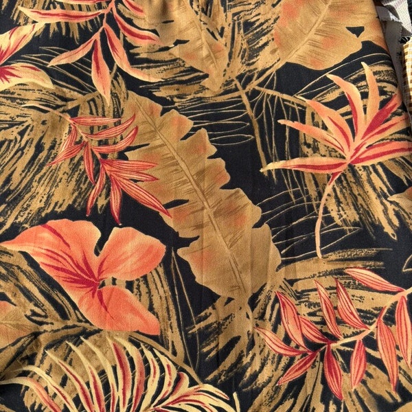 Vintage rayon twill upholstery fabric tropical palm Hawaiian jungle theme orange brown red black background, pillow chair cover jacket skirt