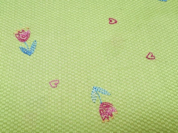 60s bird's eye pique fabric vintage spring green embroidered pink tulips Cotton skirt pillow curtain doll clothes price 12 yd 58 " w