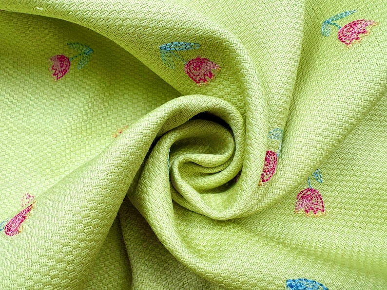 60s bird's eye pique fabric vintage spring green embroidered pink tulips Cotton skirt pillow curtain doll clothes price 12 yd 58 " w image 2