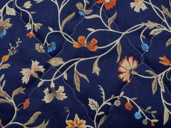 Quilted! Vintage fabric floral navy cotton padded lined crafts pet coat vest coat pillow cover cushion home decor colonial price 1/2 yd 44"