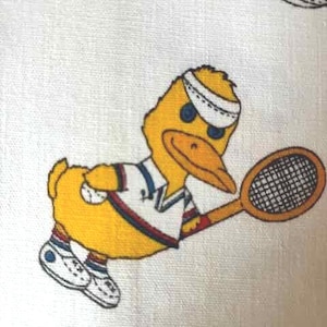 Vintage ducks playing tennis cotton fabric children's novelty cartoon home decor remnant blue yellow red pillow, chair cover, for collector