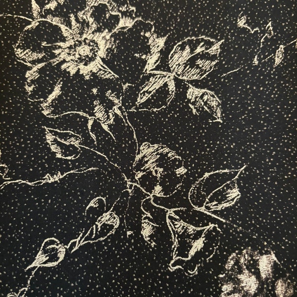 Vintage rayon challis viscose, tan roses on a speckled black background, soft and silky,  curtains, pillow, dress, blouse, caftan, skirt