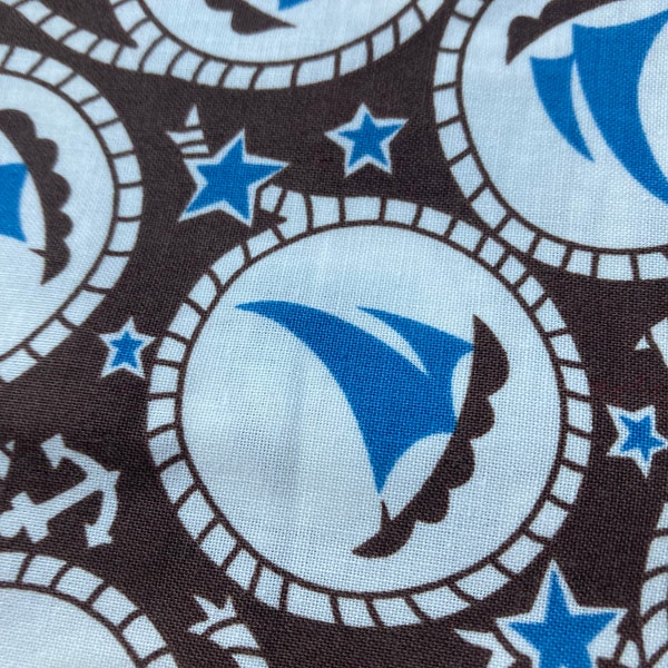 Cotton Aunt Grace Ties It On Marcus Fabrics blue sailboat brown off white background fabric for quilting curtains pillows cover 1/2 yard