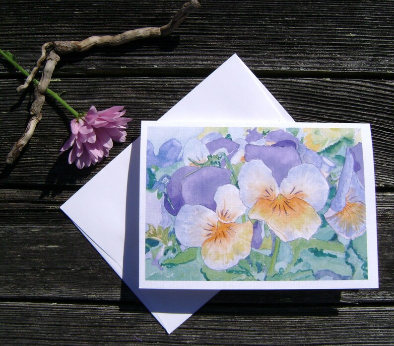 blank inside 12.7 cm x 17.8 cm greeting card nature Set of 3 Pansies made in USA flowers purple orange 5\u201d x 7\u201d green envelope