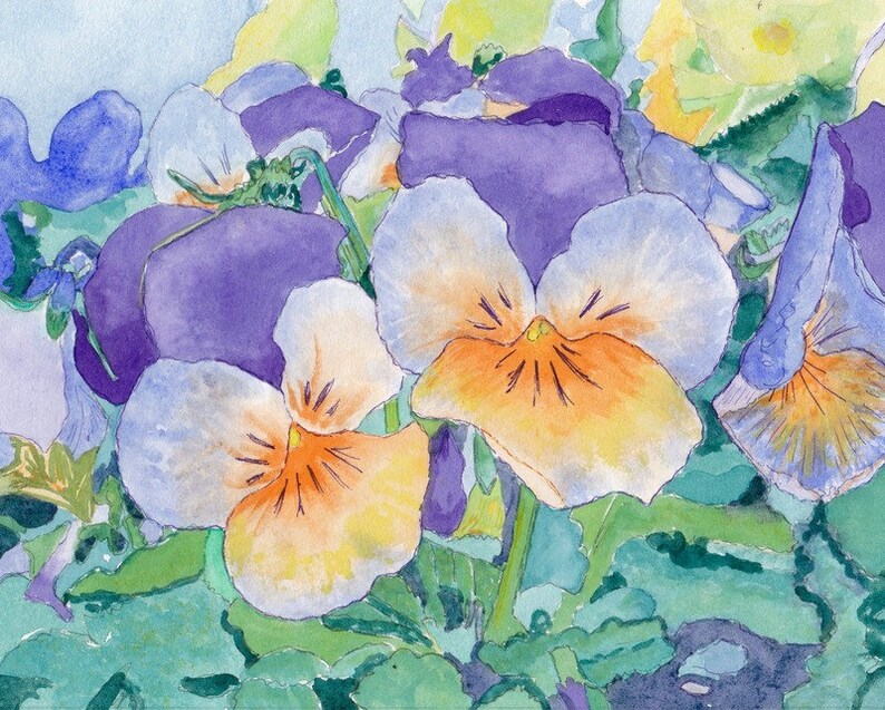 blank inside 12.7 cm x 17.8 cm greeting card nature Set of 3 Pansies made in USA flowers purple orange 5\u201d x 7\u201d green envelope