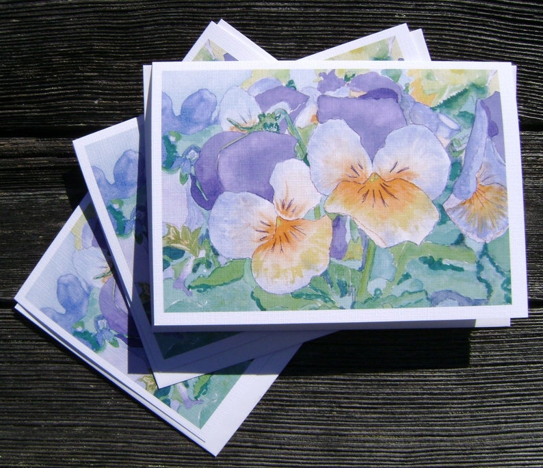 blank inside 12.7 cm x 17.8 cm greeting card nature Set of 3 Pansies made in USA flowers purple orange 5\u201d x 7\u201d green envelope