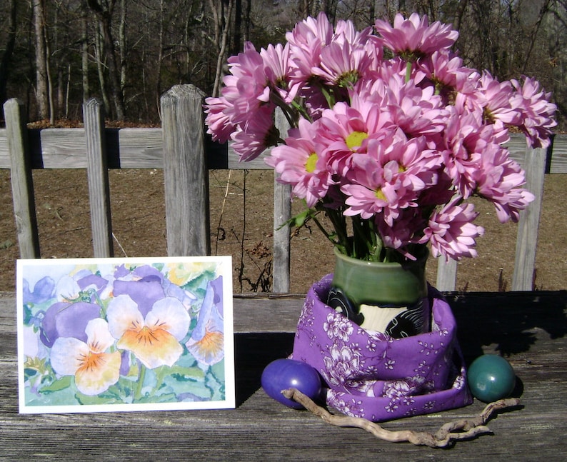 blank inside 12.7 cm x 17.8 cm greeting card nature Set of 3 Pansies made in USA flowers purple orange 5\u201d x 7\u201d green envelope