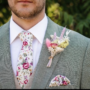 Mens floral tie handmade with Rose & Hubble fabric, white and pink, wedding tie, special occasion, pocketsquare, cufflinks, lapel pin,