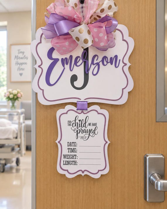 Personalized Baby Girl Hospital Door Hanger – Birth Announcement Plaque (Pink, Lavender, Gold)