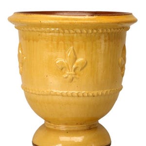 May include: A yellow ceramic planter with a fleur-de-lis design. The planter has a wide rim, a bulbous body, and a pedestal base. The exterior is adorned with a repeating rope-like pattern and fleur-de-lis emblems.