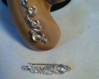 Ear Climbers, Rock Crystal, April Birthstone, Sterling Silver Wire, Sterling Silver Accent Beads,  Ear Sweeps, Ear Pins, Ear Ivy