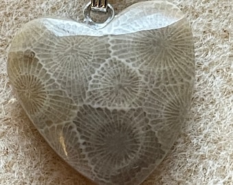 Petoskey Stone Pendant, Necklace, Michigan, Small Heart, Fossilized Coral, Rebecca House Jewelry