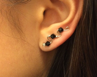 Ear Climbers, Sterling Silver Wire, Swarovski Jet Crystal, Pierced Earrings, Ear Sweeps, Ear Ivy, Ear Pins