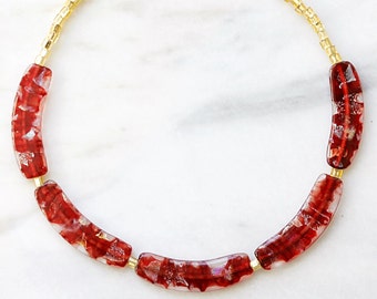 Red and Gold Lampwork Bead Necklace - 18"